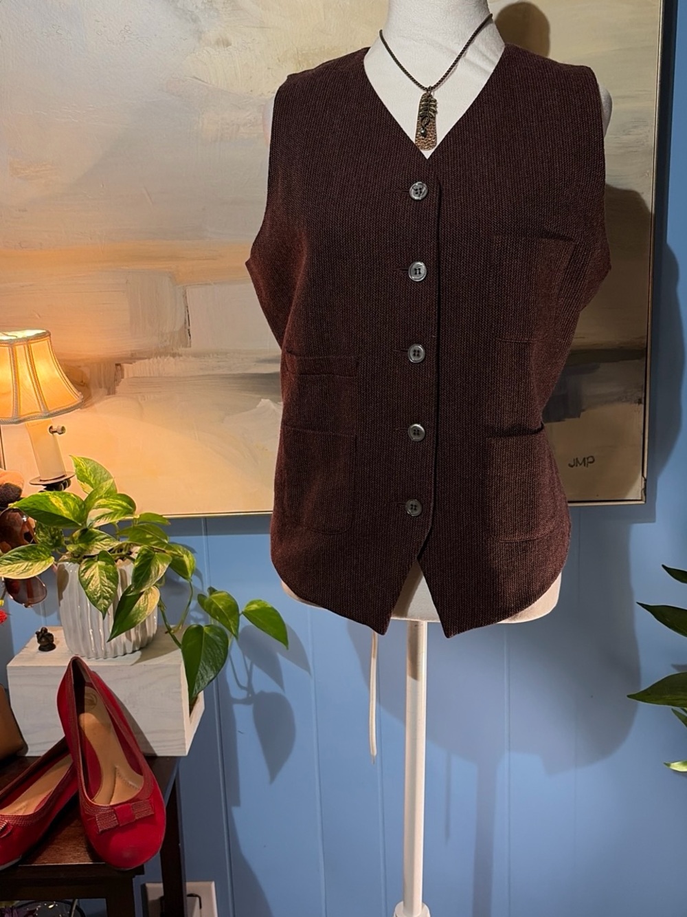 The Territory Ahead Women's Burgundy V-Neck Button Front Knit Vest